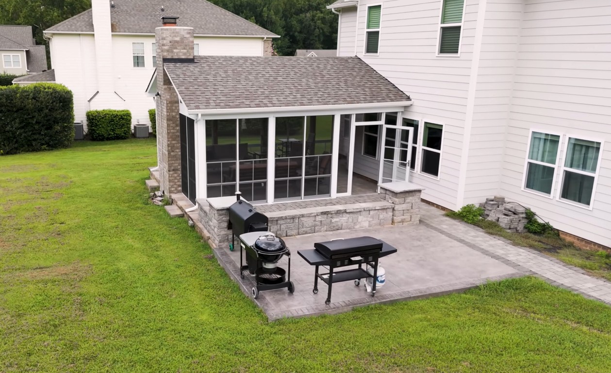 Aerial view of completed sunroom and patio installation in Temecula home